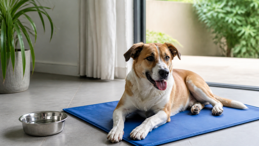 Chien au frais sur un tapis rafraîchissant bleu avec une gamelle d’eau