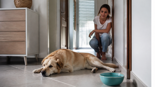 Chien détendu sur un carrelage frais avec un bol d’eau pendant que sa propriétaire l’observe