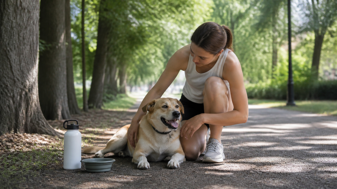 Propriétaire examinant son chien à l’ombre avec de l’eau après avoir interrompu la promenade