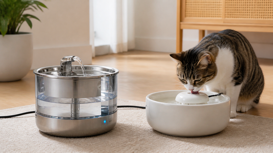 Chat comparant une fontaine en acier inoxydable et une fontaine en céramique