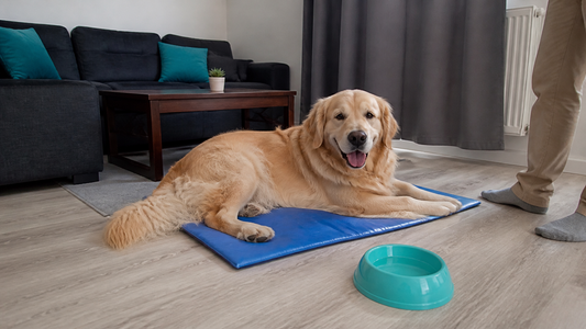Golden retriever installé au frais pendant la canicule