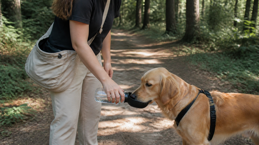 Chien buvant dans une gourde portable sur un sentier ombragé