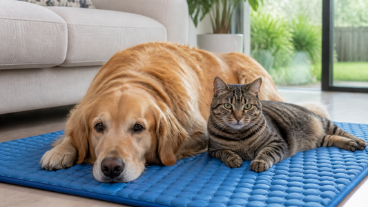 Chien et chat détendus sur un tapis rafraîchissant bleu dans un salon