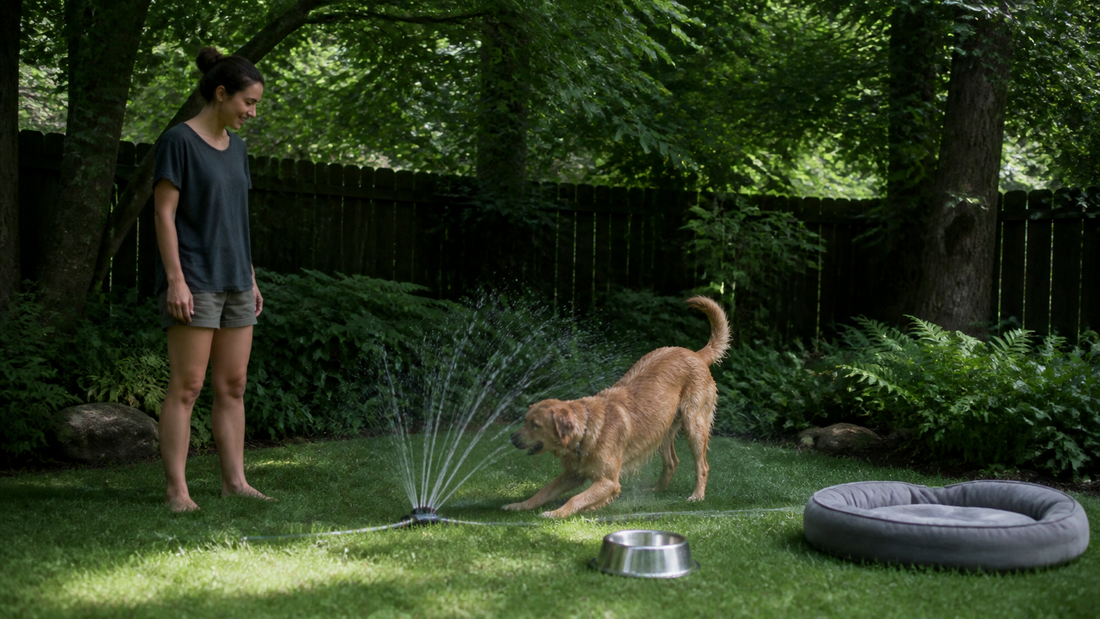 Chien jouant doucement avec de l’eau dans un jardin ombragé pendant une journée chaude