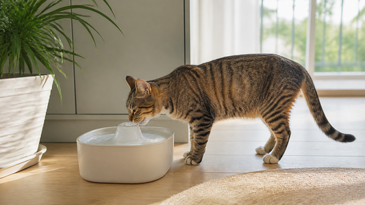 Chat près d’une fontaine à eau dans un coin frais en été