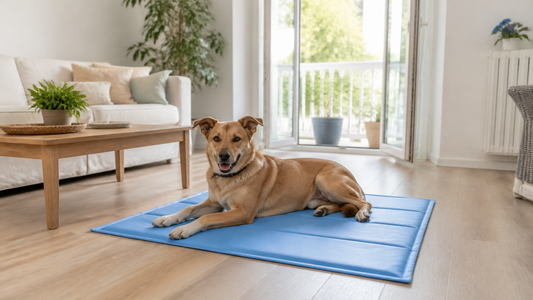 Chien au frais sur un tapis rafraîchissant bleu dans un salon lumineux