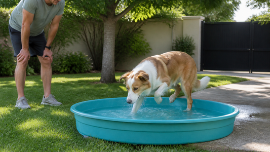 Chien entrant dans une piscine turquoise peu profonde sous la surveillance de son propriétaire