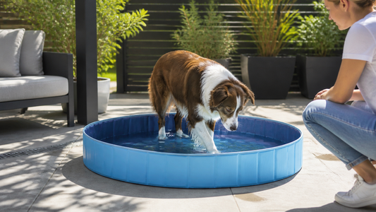 Chien entrant sous surveillance dans une piscine peu profonde installée sur une terrasse sécurisée