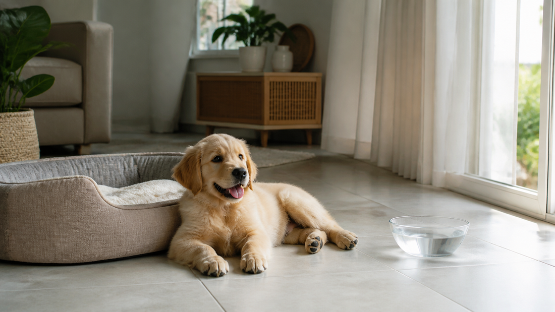 Chiot se reposant sur un sol frais près d’une gamelle d’eau pendant l’été