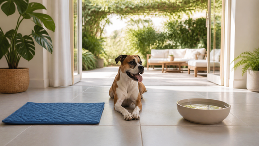 Chien choisissant entre un tapis rafraîchissant, un carrelage ombragé et un bol d’eau propre
