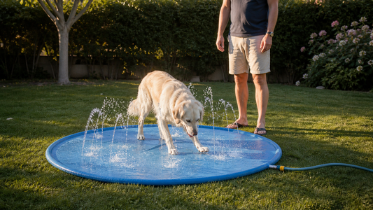 Chien jouant sous surveillance sur un tapis circulaire à jets d’eau dans un jardin sécurisé